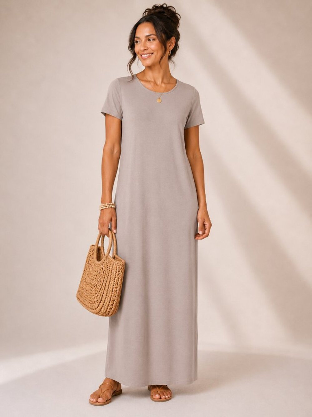 Zenana Light Brown Short Sleeve Maxi Dress Large Crew Neck Casual NWOT